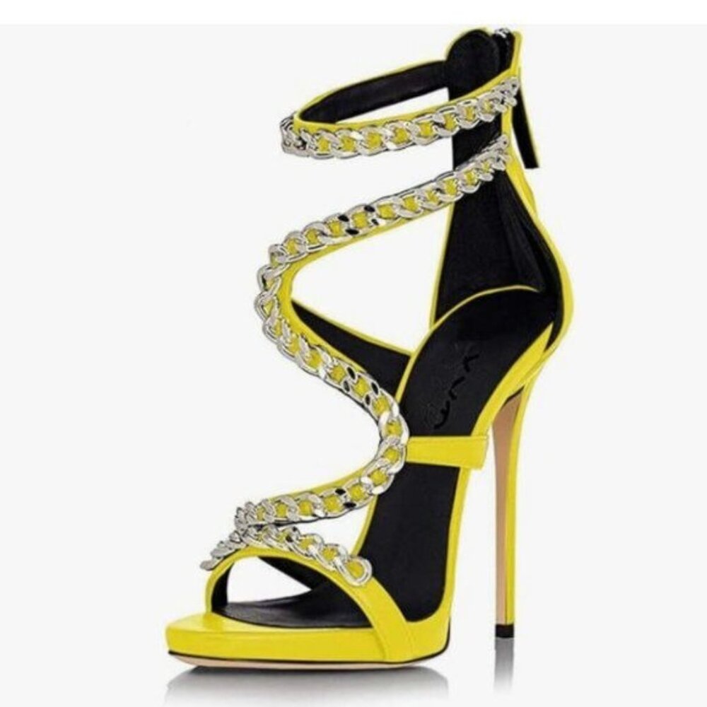 XYD Yellow Metal Chain Stiletto High Heels Sandals for Women Sexy Back Zip Shoe